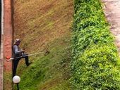 Funcionário corta grama em talude 